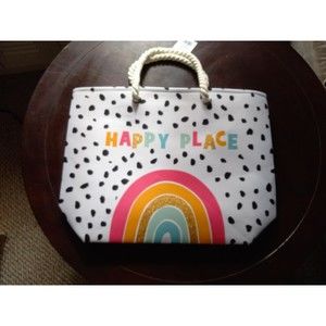 NEW Rainbow Happy Place Polka Dot Boho Beach Tote Travel Shopping Bag Glitter